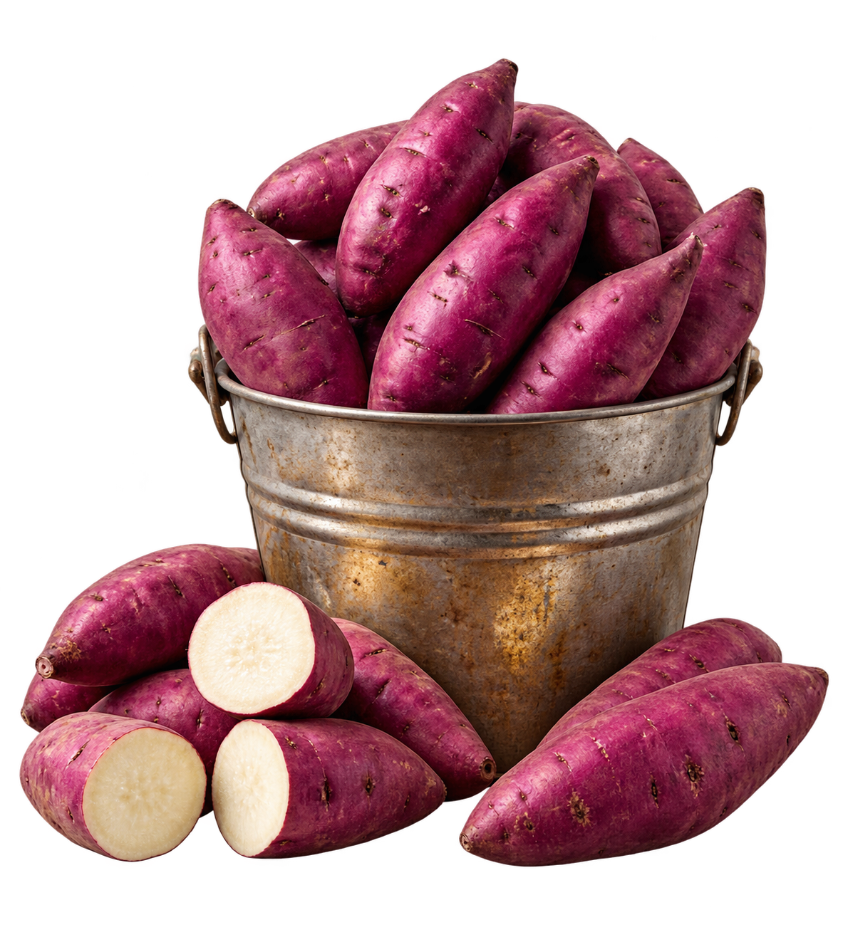 Batatas doces roxas em um balde, com algumas cortadas ao lado